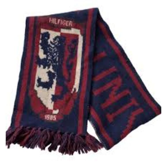 🧣 NWT Tommy Hilfiger Wool Blend Logo Scarf • Navy Dark Red Cream • One Size ✨ - Picture 7 of 7